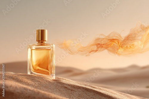 Elegant glass perfume bottle sits on sand with golden mist swirling
