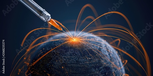 Syringe injects light into a glowing digital globe with radiating lines
