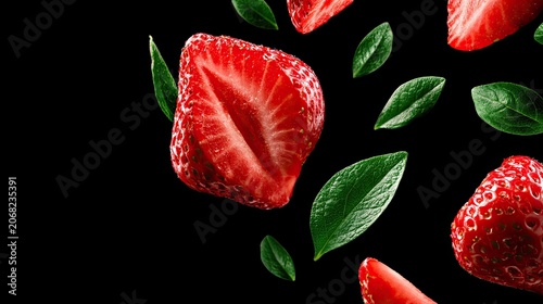 Sliced and whole ripe strawberries with fresh green leaves against black
