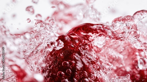 Red liquid splashes and bubbles, abstract, energetic motion, close-up detail