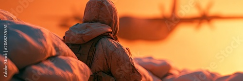 Person in hooded jacket sits behind sandbags, watching sunset over reflective water