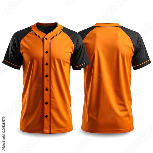 Orange long sleeve shirt with black collar and cuffs.