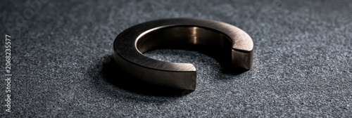 A metallic, C-shaped object rests on a textured, dark gray surface