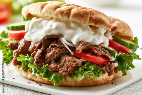 Generous meat, fresh vegetables, and creamy sauce piled high in a soft flatbread