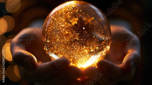 Hands cradle a glowing orb filled with shimmering golden specks and stars