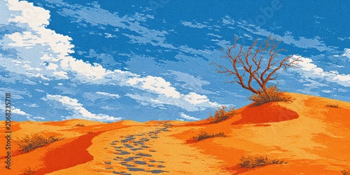 Desert landscape with a lone barren tree on a dune under a bright blue sky