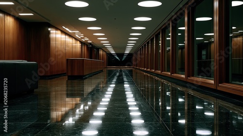Polished floor reflects circular lights down a wood-paneled corridor