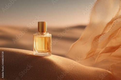 Elegant glass perfume bottle with golden cap, resting on sand dunes with flowing fabric
