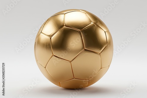A golden soccer ball gleams, showcasing its hexagonal panels on a neutral background