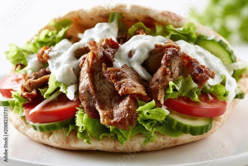 Succulent shaved meat, crisp lettuce, tomato, cucumber, and creamy sauce in a pita