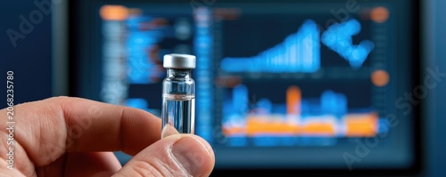 Hand holding a vial with a blurred digital data display in background