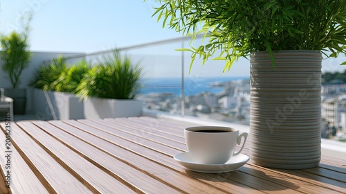 Relaxing morning coffee on a sunlit balcony with ocean view