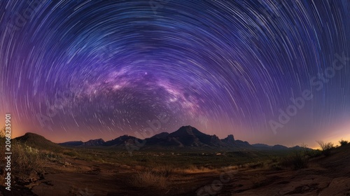 Night sky star trails over desert landscape and mountains, a cosmic spectacle