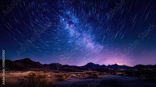 Desert landscape under a swirling, star-streaked night sky