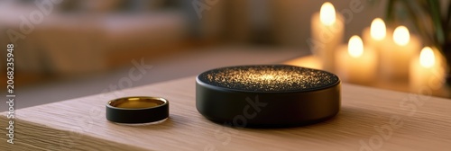 A black ring and a circular device with glowing particles on wood