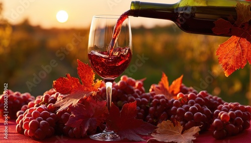 Red wine poured into a glass amidst grapes and fall leaves at sunset