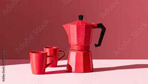 Red coffee maker with two cups on pink surface, cast shadows, red background