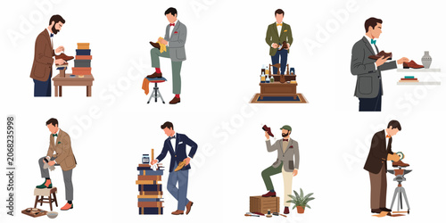 Set of illustrations depicting well-dressed men engaged in the meticulous process of polishing and caring for their leather shoes, representing classic grooming.