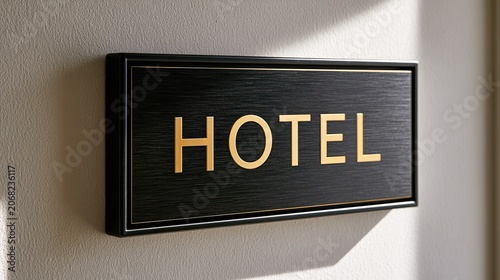 Elegant, brushed dark sign with gold lettering indicates lodging establishment