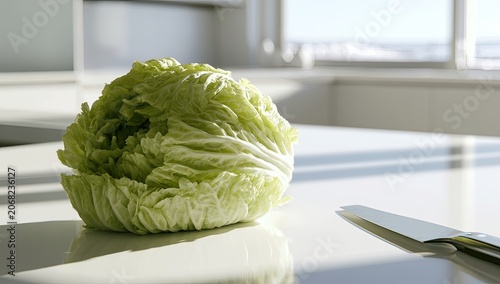 Fresh Napa cabbage rests on a bright kitchen counter with a knife nearby