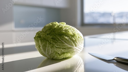Fresh green vegetable on a clean kitchen counter with a sharp knife