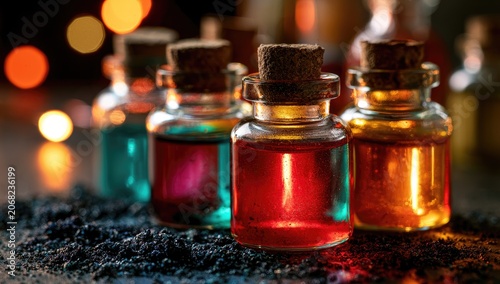 Small glass vials with colorful liquids and cork stoppers, on dark material