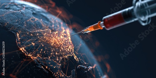 A syringe injects a glowing substance into a network-connected Earth, depicting global reach