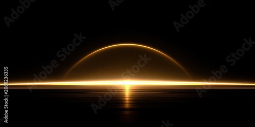 Radiant golden light arcs over a reflective dark surface, creating a horizon