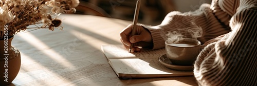 Warm steam rises from a cup beside a hand writing in a journal