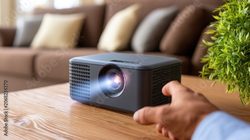 Hand adjusts modern compact projector for home entertainment or presentations