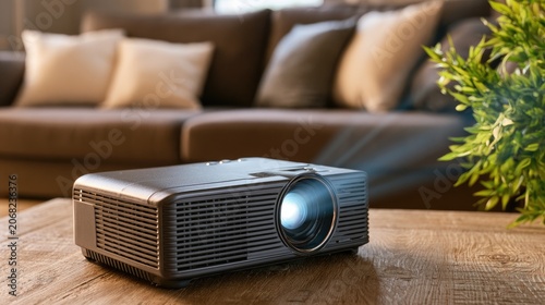 Home entertainment projector casting light beam on wooden coffee table