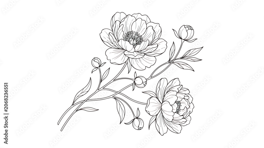 Fototapeta premium Vintage peony flower line art illustration, elegant botanical sketch with blooming peonies and buds, hand drawn floral vector for wedding invitations