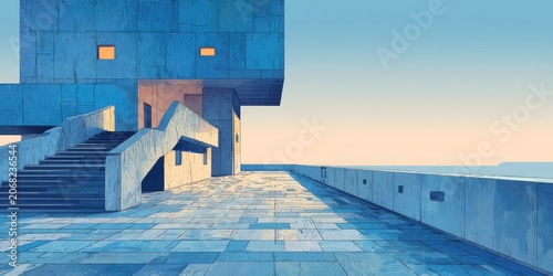 Stark modernist architecture with geometric forms and warm interior lights