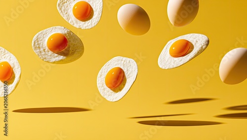 Sunny-side up and whole eggs in motion against a bright yellow background