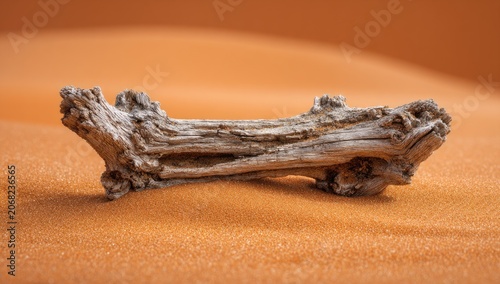 Gnarled, weathered wood fragment rests on sun-drenched, rippling sand dunes