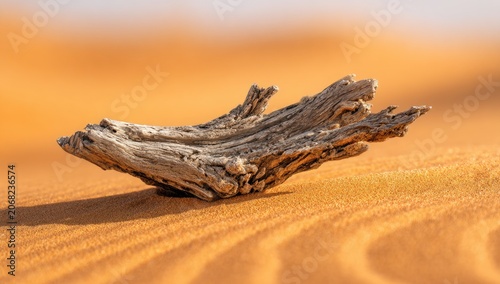 Aged wood rests on rippled golden sand dunes under bright sunlight