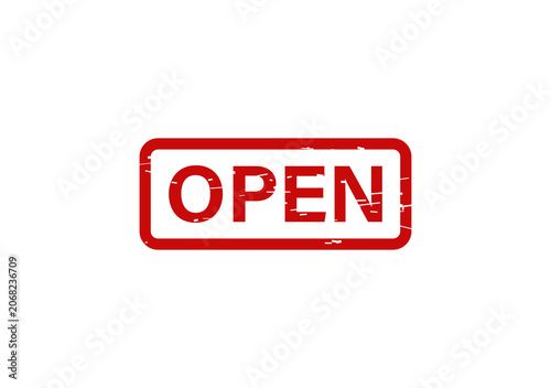 Red rubber stamp with the word open written in bold capital letters inside a rectangular frame with distressed texture isolated on transparent background