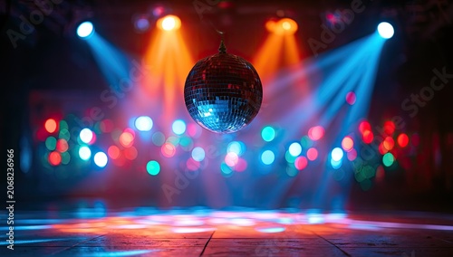 A disco ball hangs above a colorful, illuminated dance floor in a nightclub