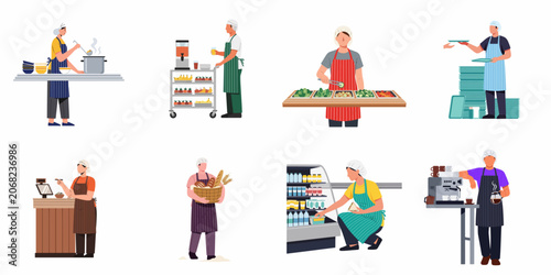 Collection of cafeteria and canteen staff characters performing various food service duties including cooking, serving, stocking, and cashier work.