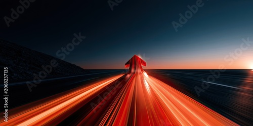 A glowing red arrow streaks forward on a dark road at sunset