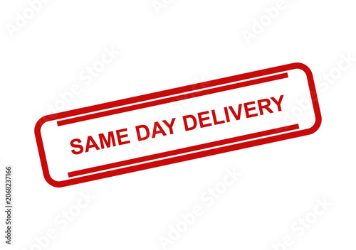 Red rectangular rubber stamp with the words same day delivery printed in the center for fast shipping and logistics isolated on transparent background
