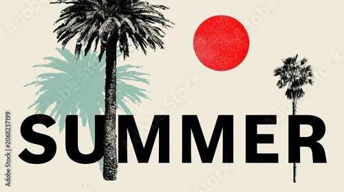 Stylized summer graphic with palm trees and a red sun