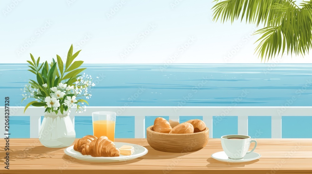 Obraz premium Delicious breakfast with croissants and coffee on a balcony by the sea