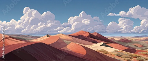 Rolling desert dunes under a bright blue sky with dramatic, puffy clouds