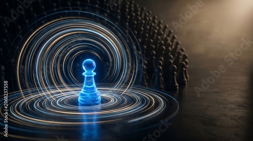 Abstract Blue Chess Pawn Surrounded by Glowing Light Trails in Dark Cinematic Room