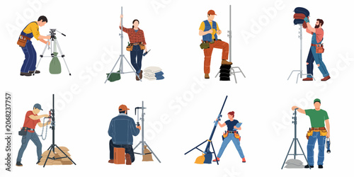 Tableau sur toile Set of flat vector illustrations depicting professional film crew members and grips setting up studio equipment, stands, and sandbags on a white background