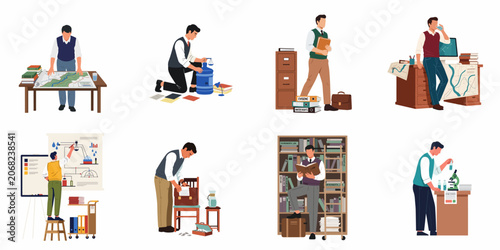 Set of professional male characters engaged in environmental law, scientific research, water management, and legal analysis in various office and lab settings.