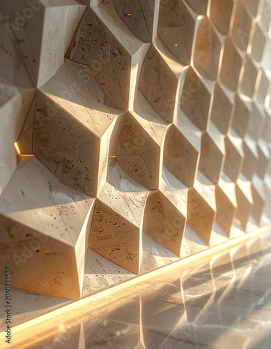 Modern architectural concept featuring a 3D marble wall pattern with warm backlighting and geometric shadows for interior design luxury