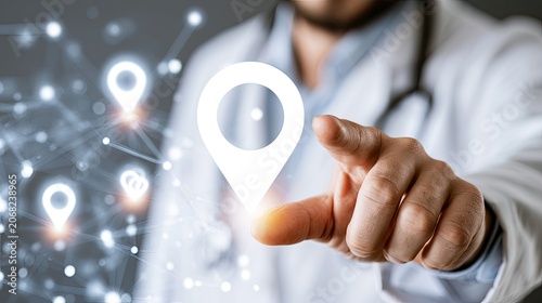 A doctor's hand points to glowing map pins on a digital network