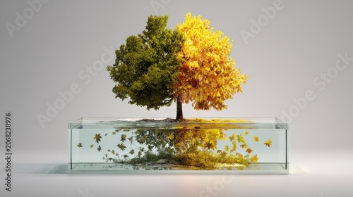 Half green, half yellow tree in aquarium with reflections